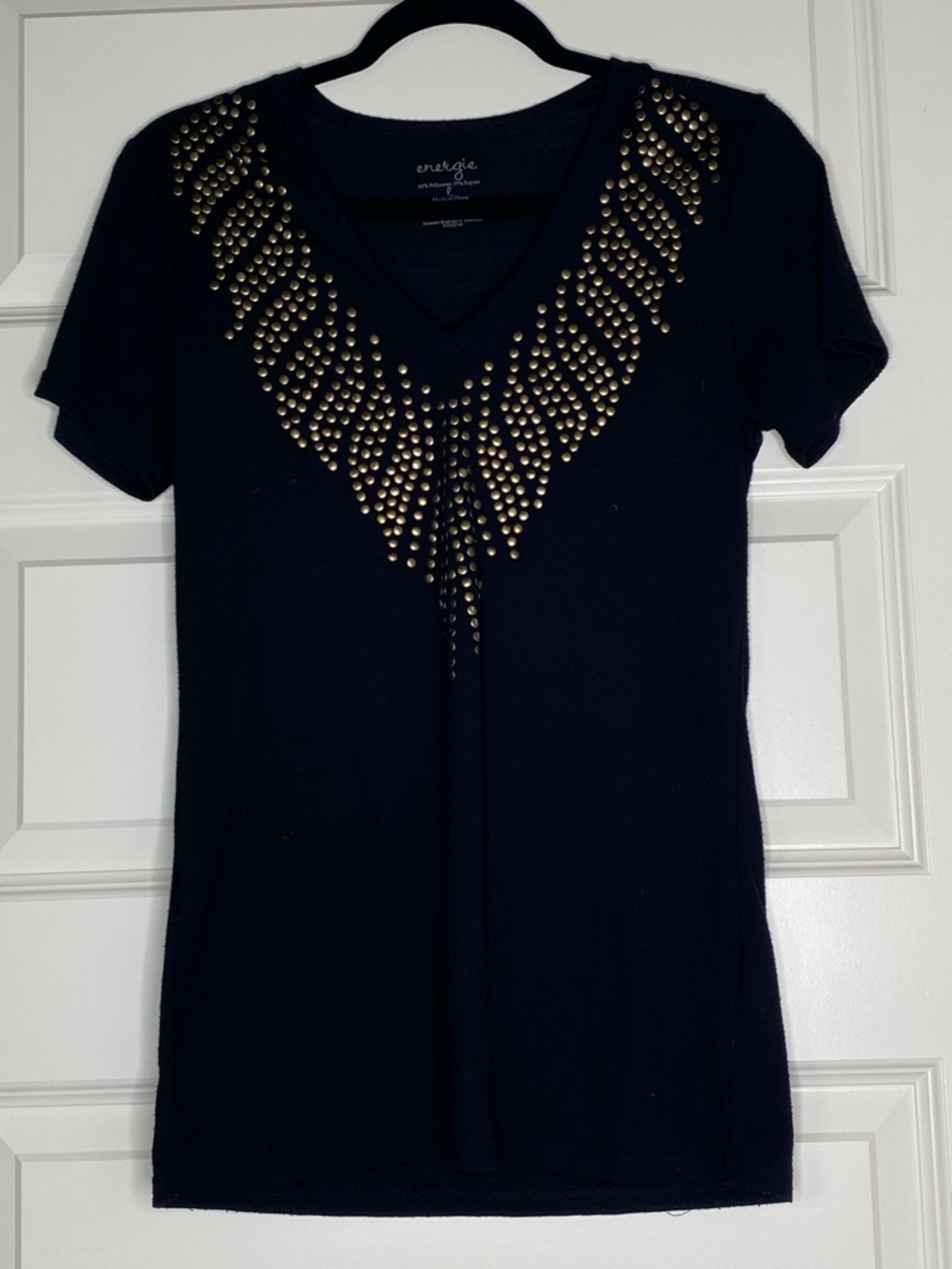 Energie Black Short Sleeve V-Neck Top with Gold Stud Pattern